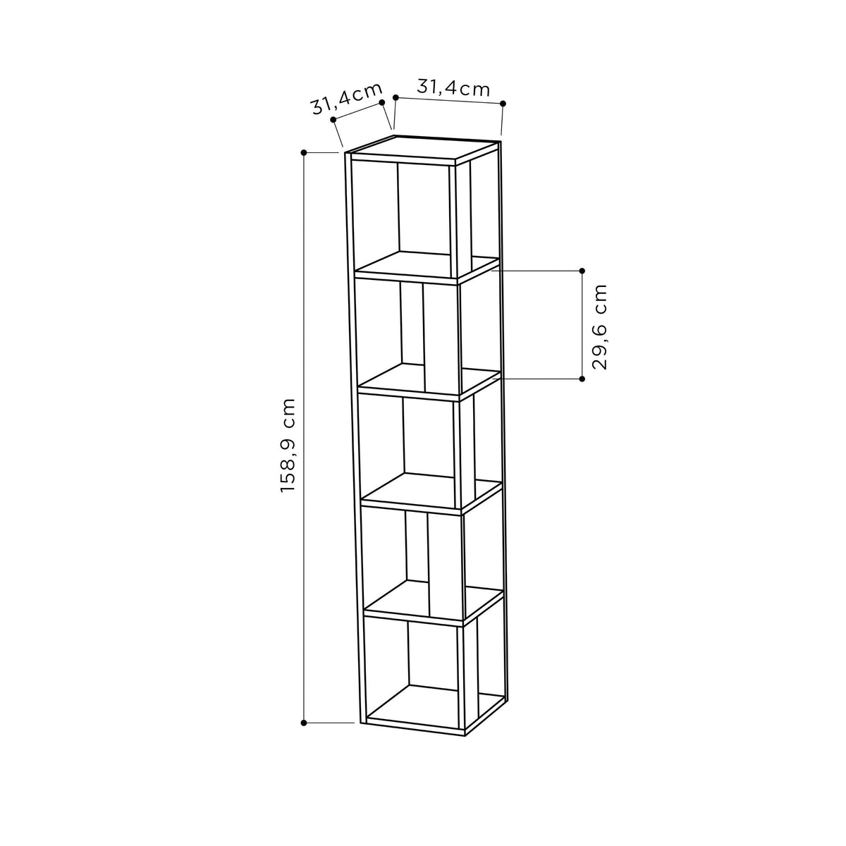 Tall corner bookcase display unit with open shelves, light finish