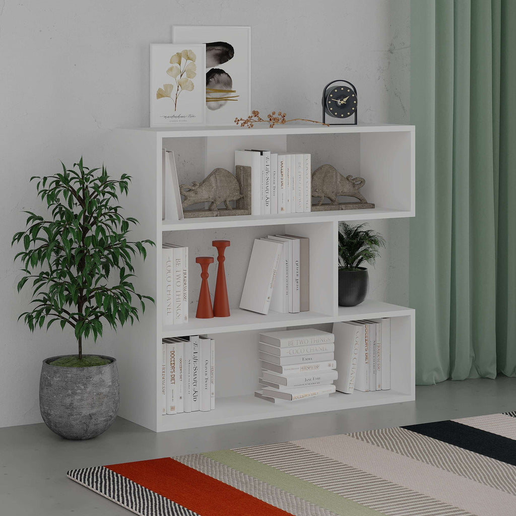 White short bookcase display unit with open shelves and cubby compartments