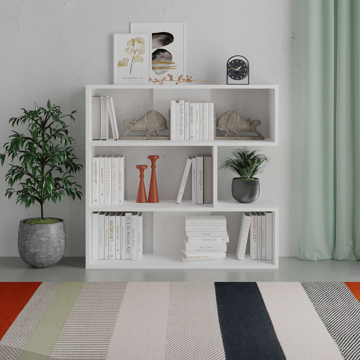 White modern bookcase display unit with open shelf compartments for books