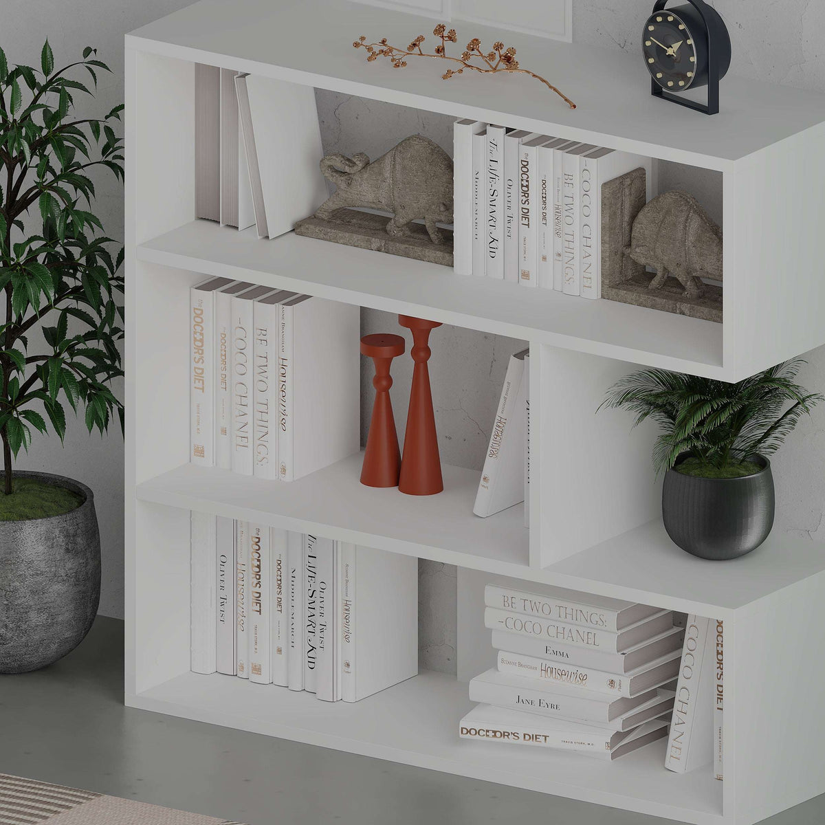 White bookcase display unit with multiple open shelves and cubby compartments