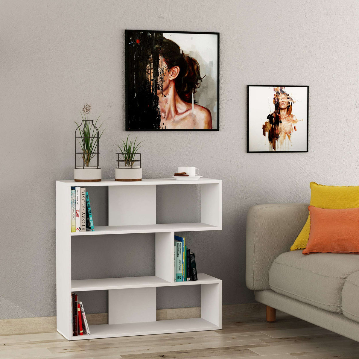 White short bookcase display unit with open cubby shelves for books and decor