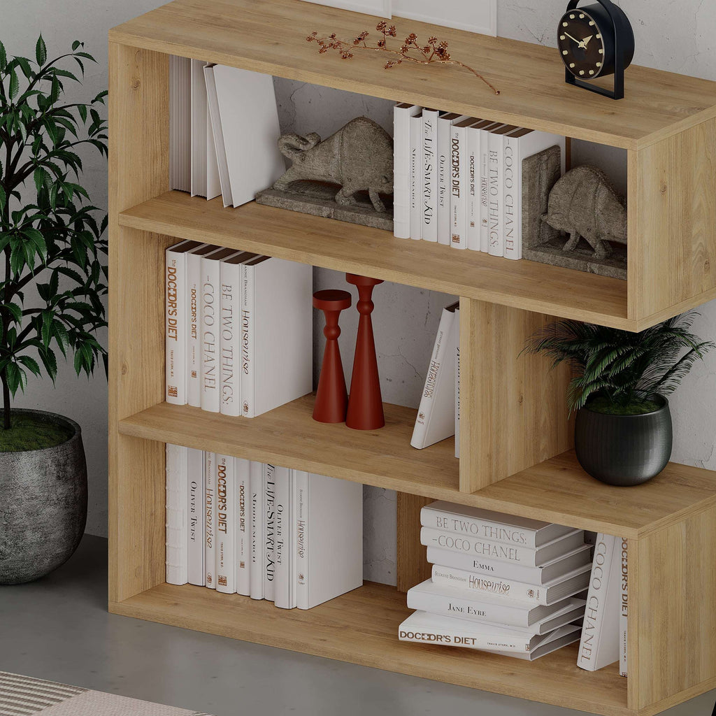 Oak bookcase display unit with multiple open shelves and cubby compartments