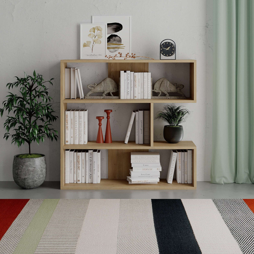 Oak modern bookcase display unit with open shelves and cubby storage