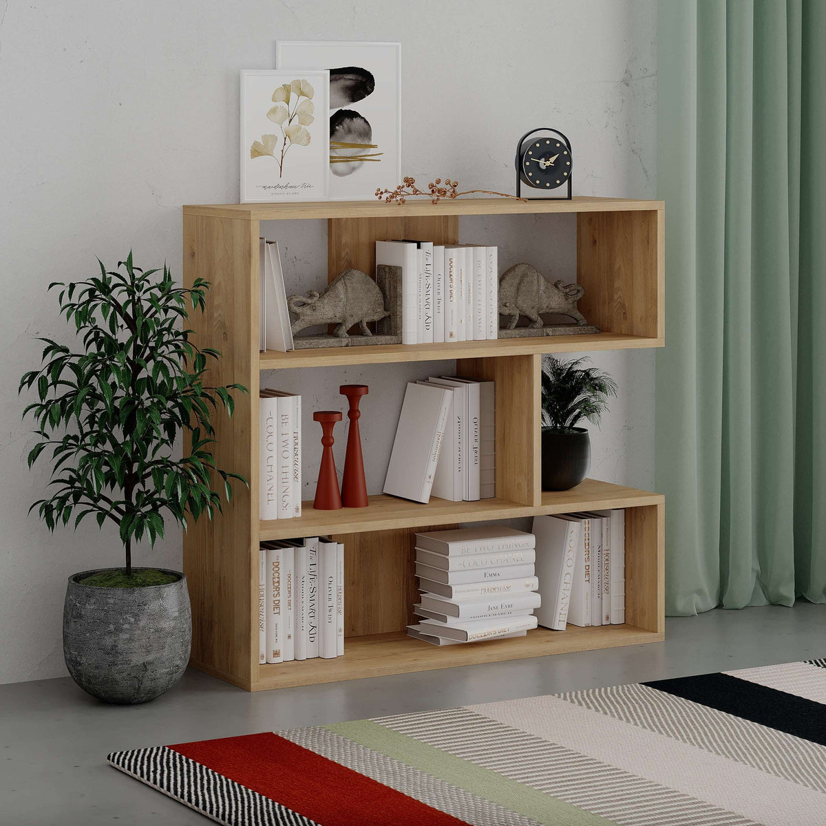 Oak modern bookcase display unit with multi-level open shelves for books and decor
