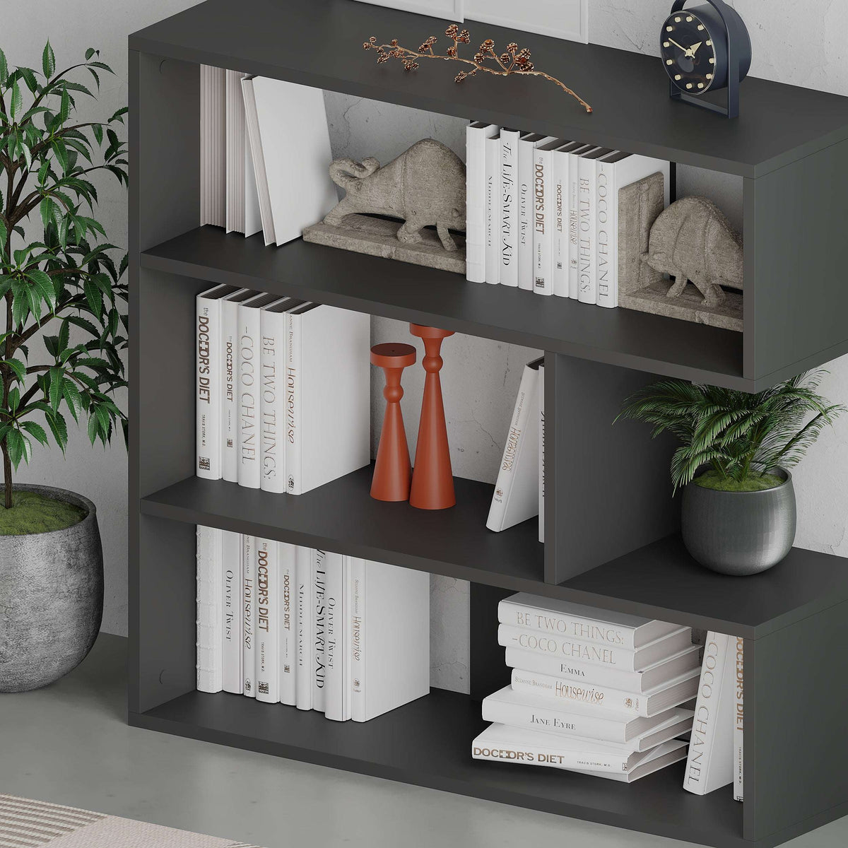 Anthracite bookcase display unit with multiple open shelves and cubby compartments