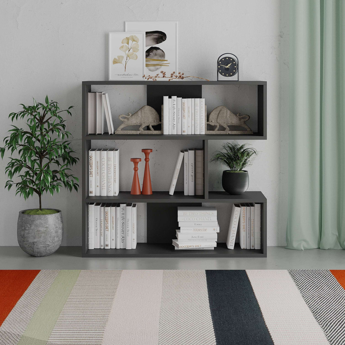 Anthracite modern bookcase display unit with open shelves and cubby compartments