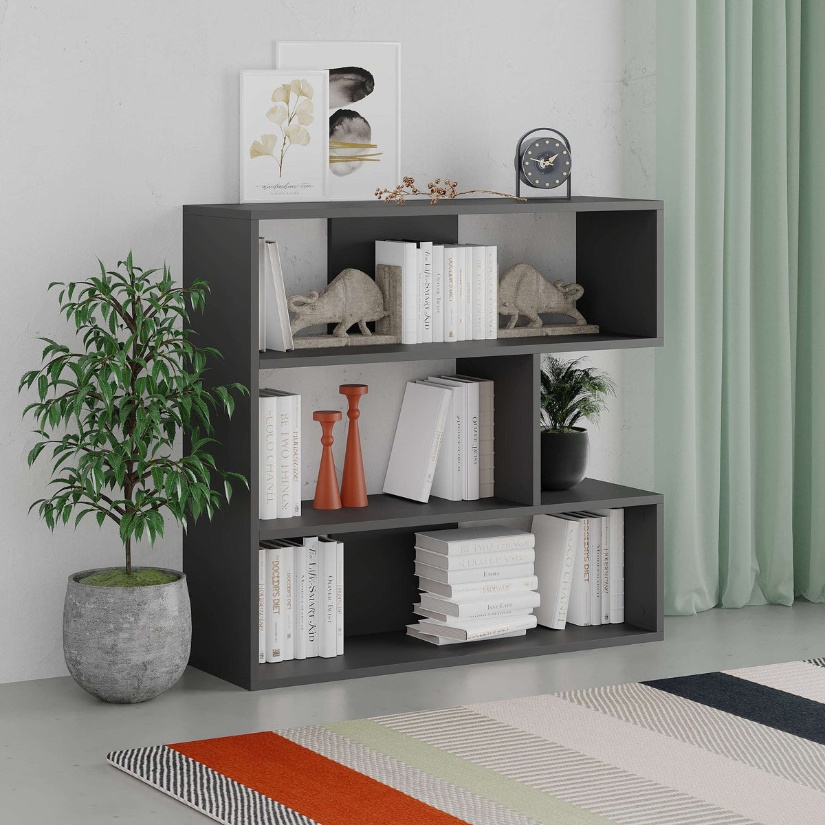 Anthracite short bookcase display unit with open shelves and cubby compartments