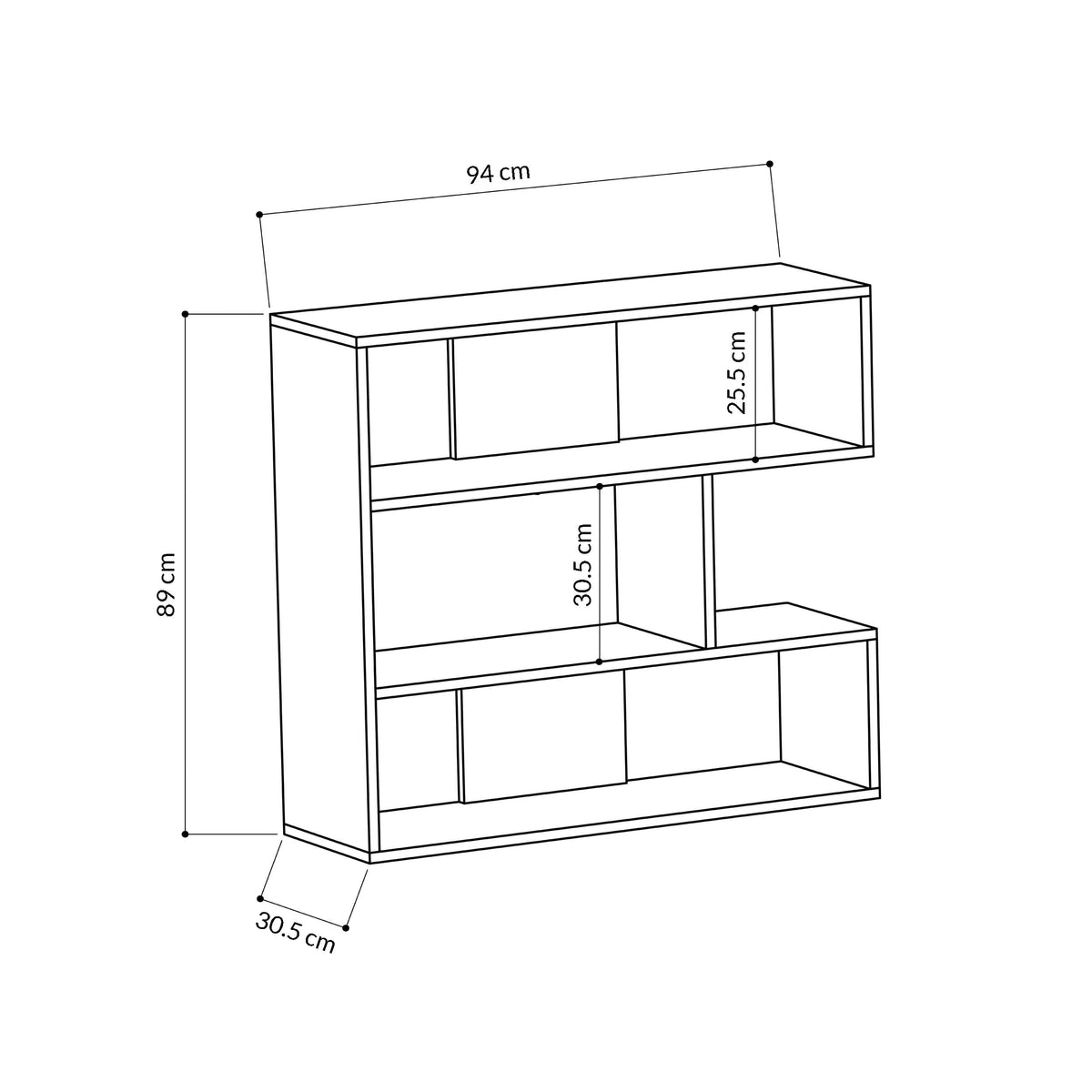 Short bookcase display unit size diagram: 94cm wide, 89cm high, 30.5cm deep