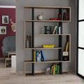 Tall modern bookcase with dark side panels and light wood open shelves