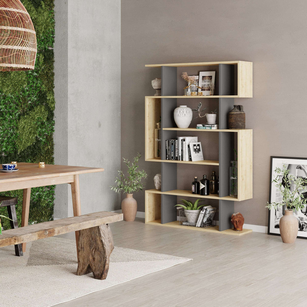 Tall modern bookcase with light wood frame and dark interior open shelves