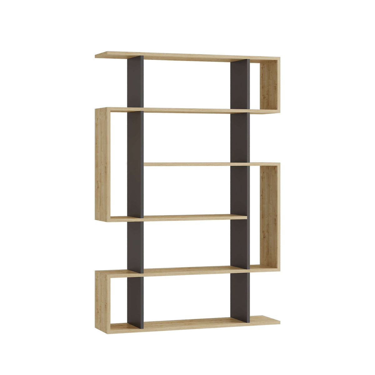 Tall open bookcase with shelves, light oak and sandstone with dark frame accents