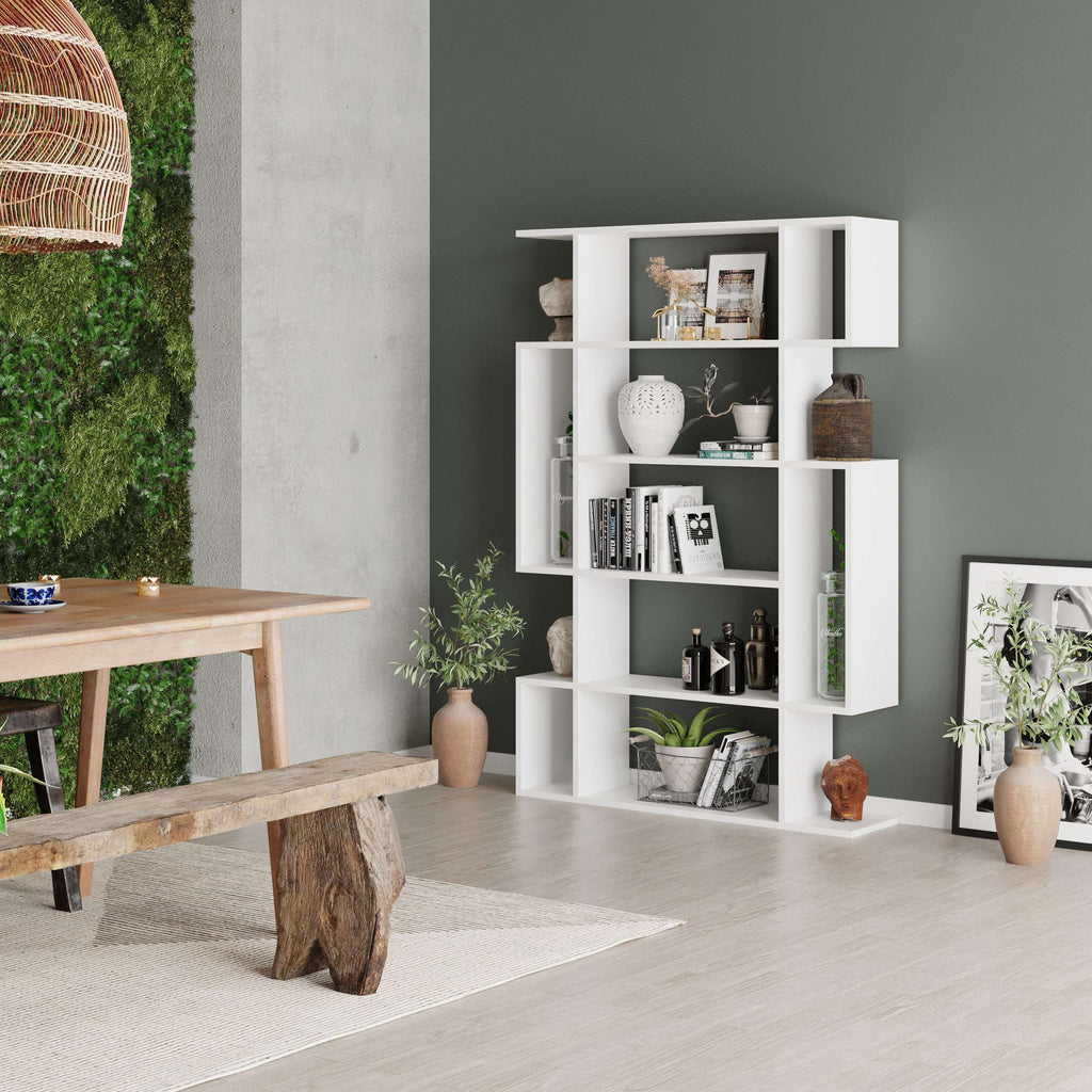 Tall modern bookcase with white shelves and dark interior compartments