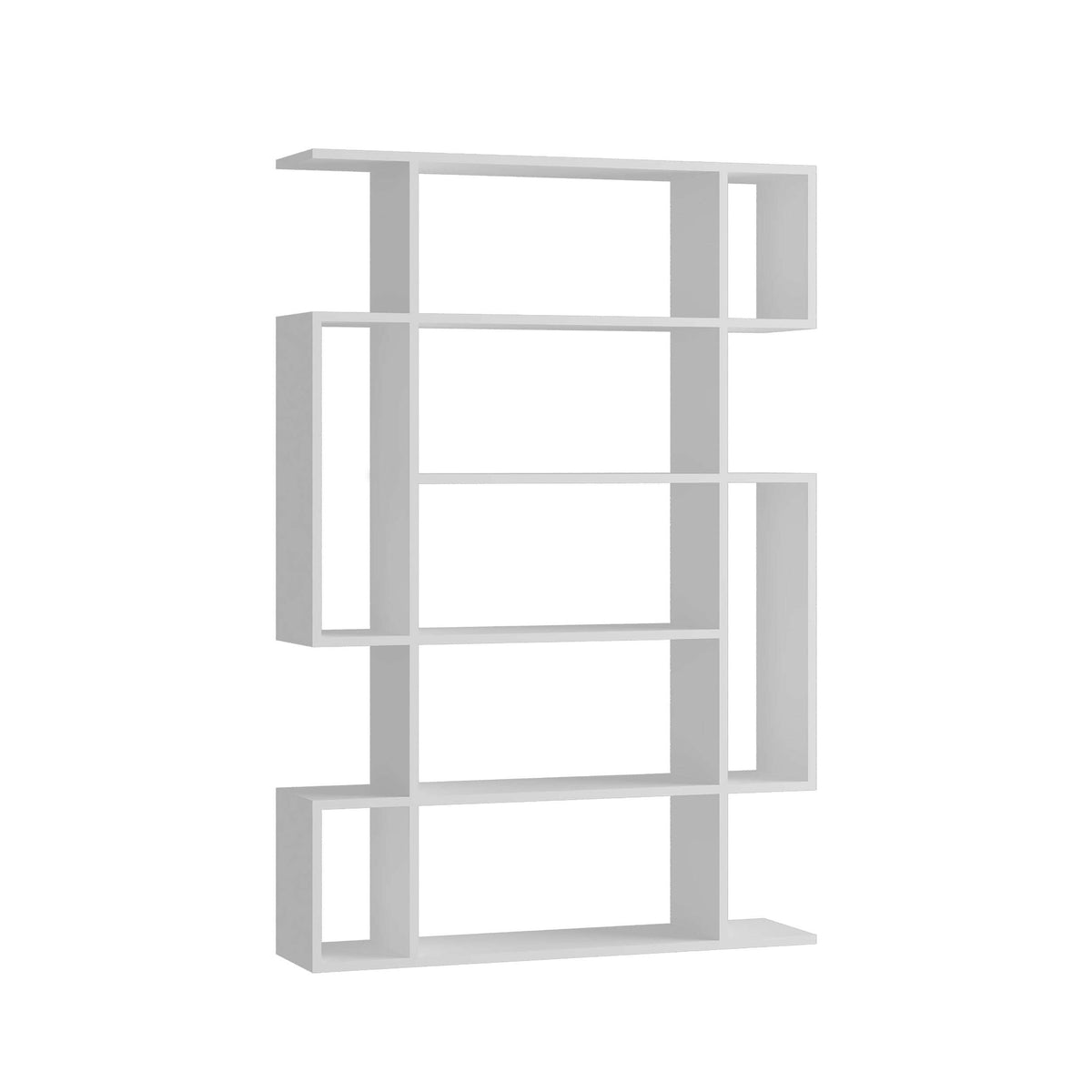 Tall open bookcase with shelves in white wood-look panels