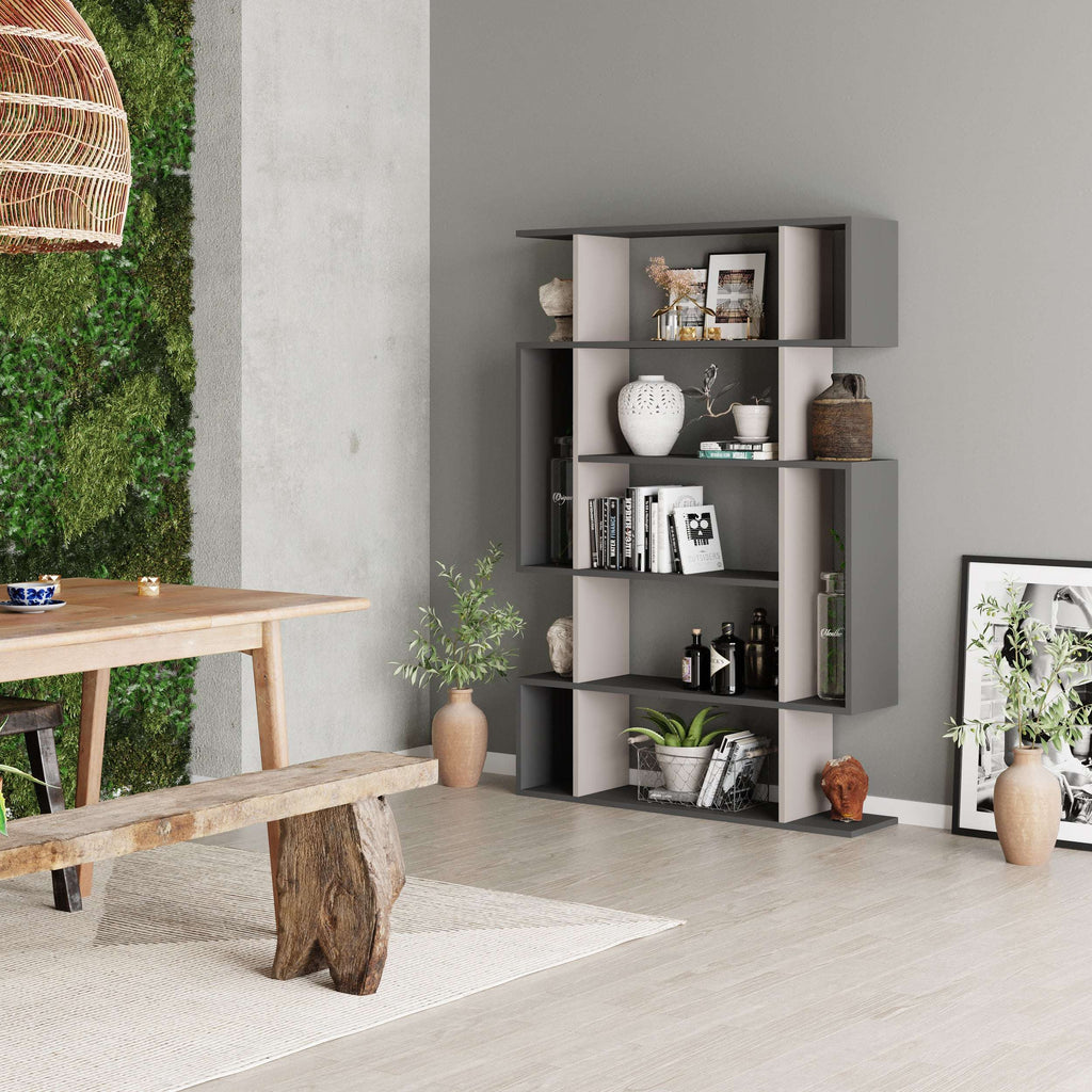 Tall open bookcase with shelves, grey and light wood-look panels for room display