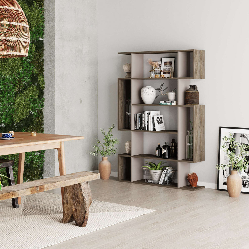Tall open bookcase with shelves, dark grey and light wood-look panels