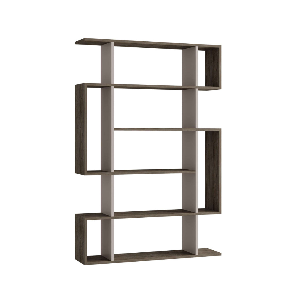 Tall open bookcase with shelves, dark grey and light grey wood-look panels