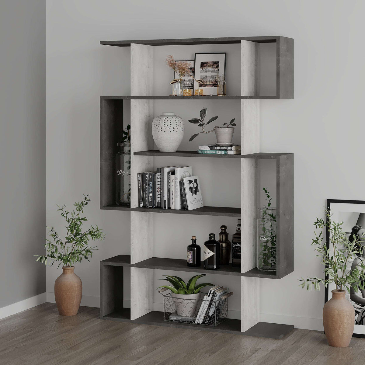Tall modern bookcase with dark side frame and light open cubby shelves