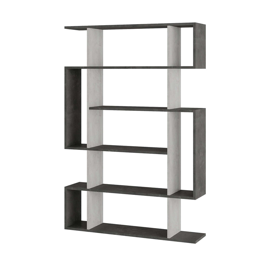 Tall open bookcase with shelves, dark grey and white wood-look panels