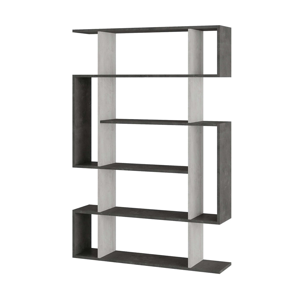 Tall open bookcase with shelves, dark grey and white wood-look panels
