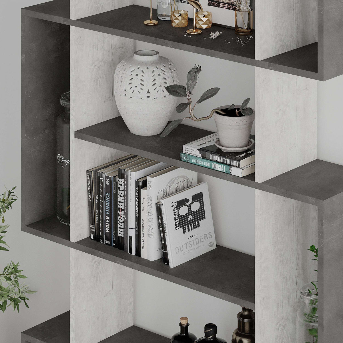 Modern bookcase corner shelves with light panels and dark open cubbies