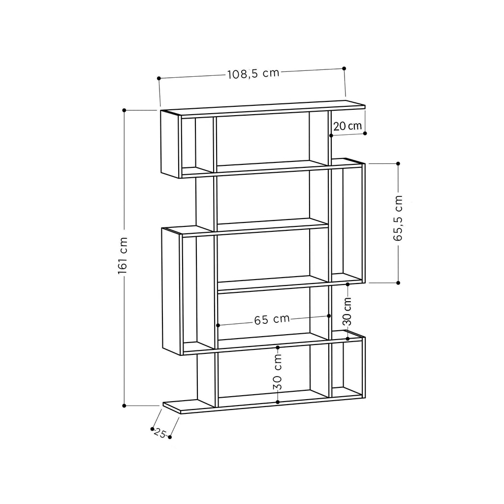 Tall bookcase display diagram with overall dimensions shown