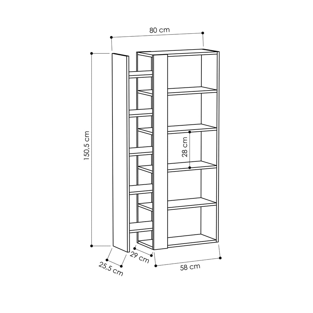 Tall modern bookcase display unit diagram with dimensions: 150.5cm x 80cm x 58cm