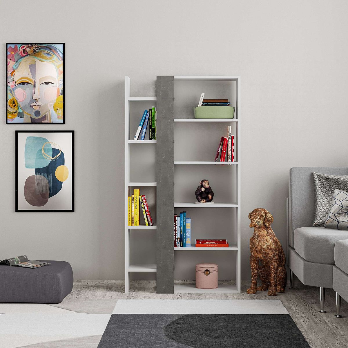 Tall bookcase display unit with open shelves, white frame and dark grey center panel