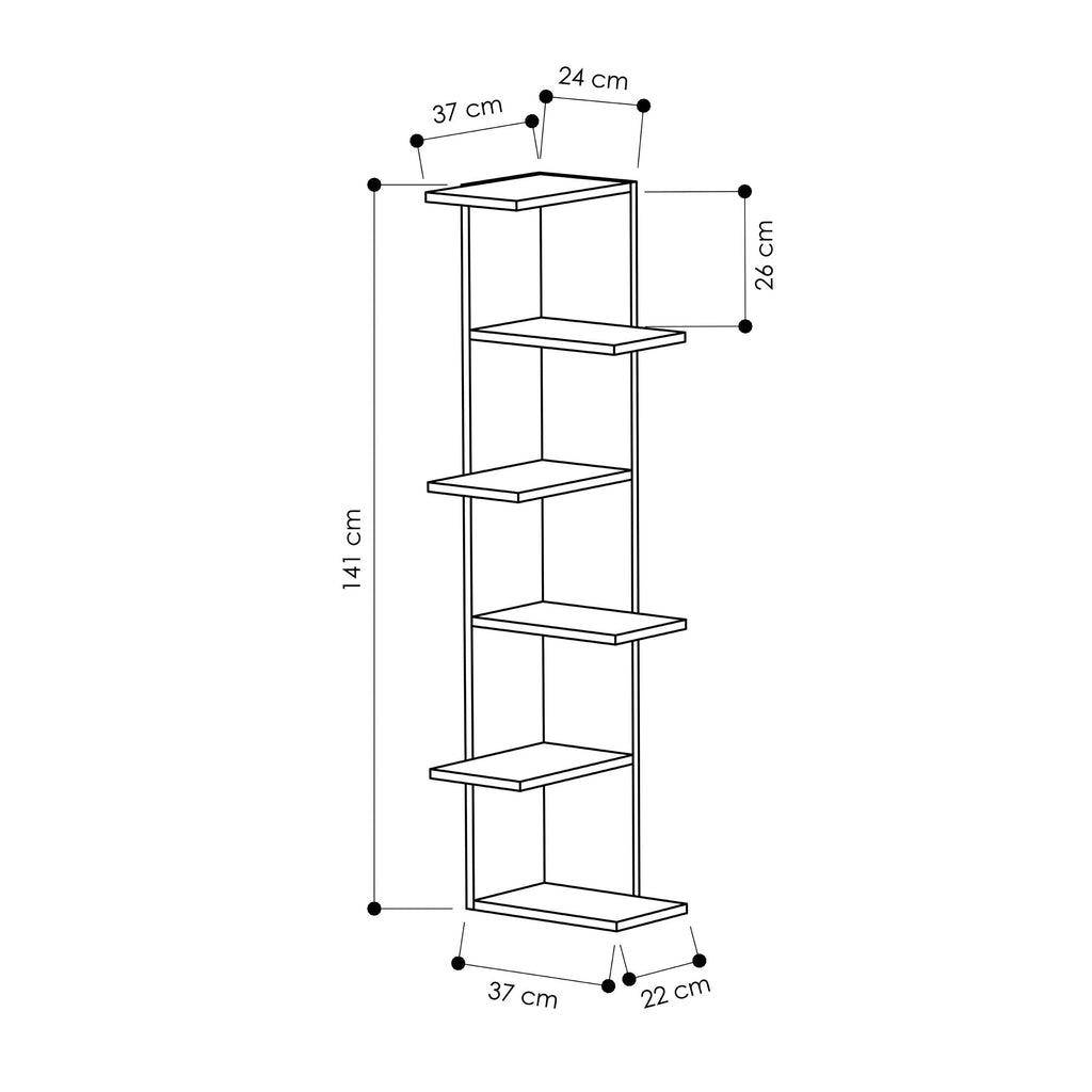 5-tier corner bookcase dimension diagram, height 141 cm