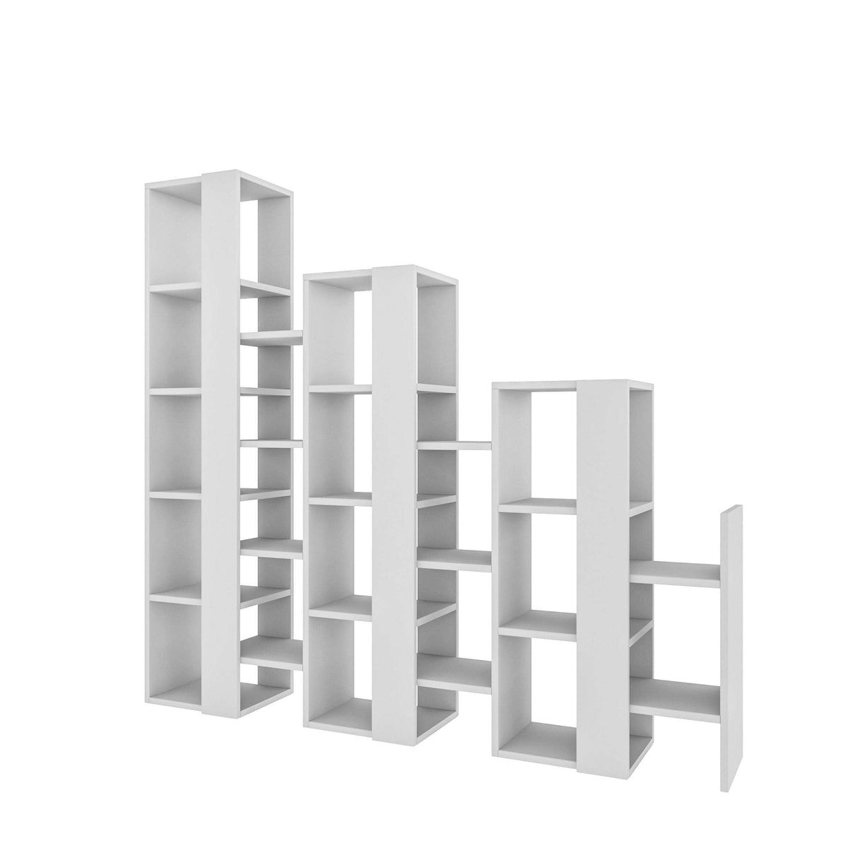 White modular bookcase room divider with open cubby shelves and side support