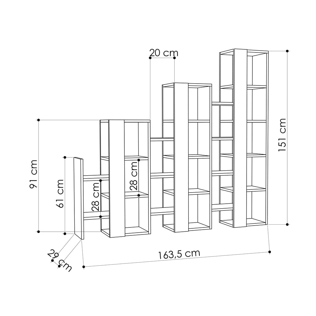 Size diagram for tall bookcase room divider: 151 cm height and 163.5 cm width