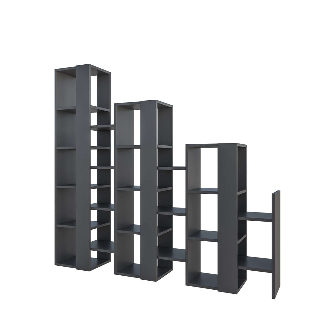 Anthracite grey modular bookcase room divider with open cubby shelves