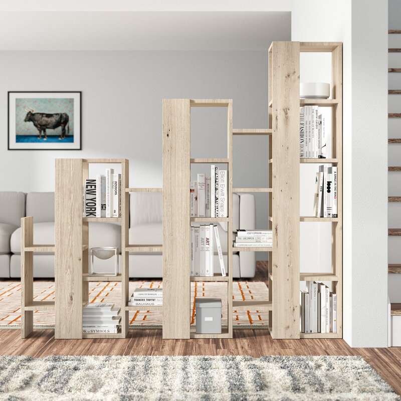 Light oak bookcase room divider set with open shelves and cubby compartments