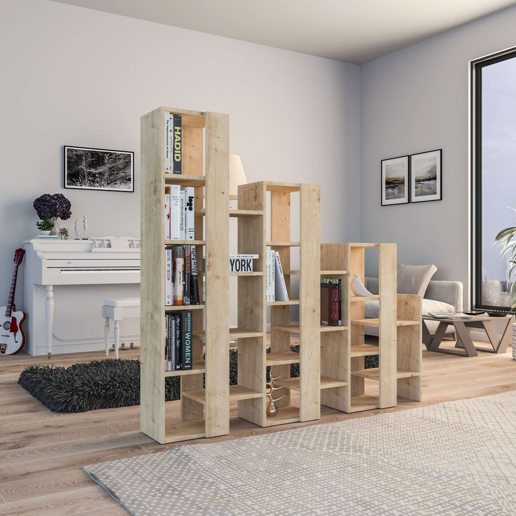 Tall wooden bookcase room divider with open cubby shelves, light oak finish
