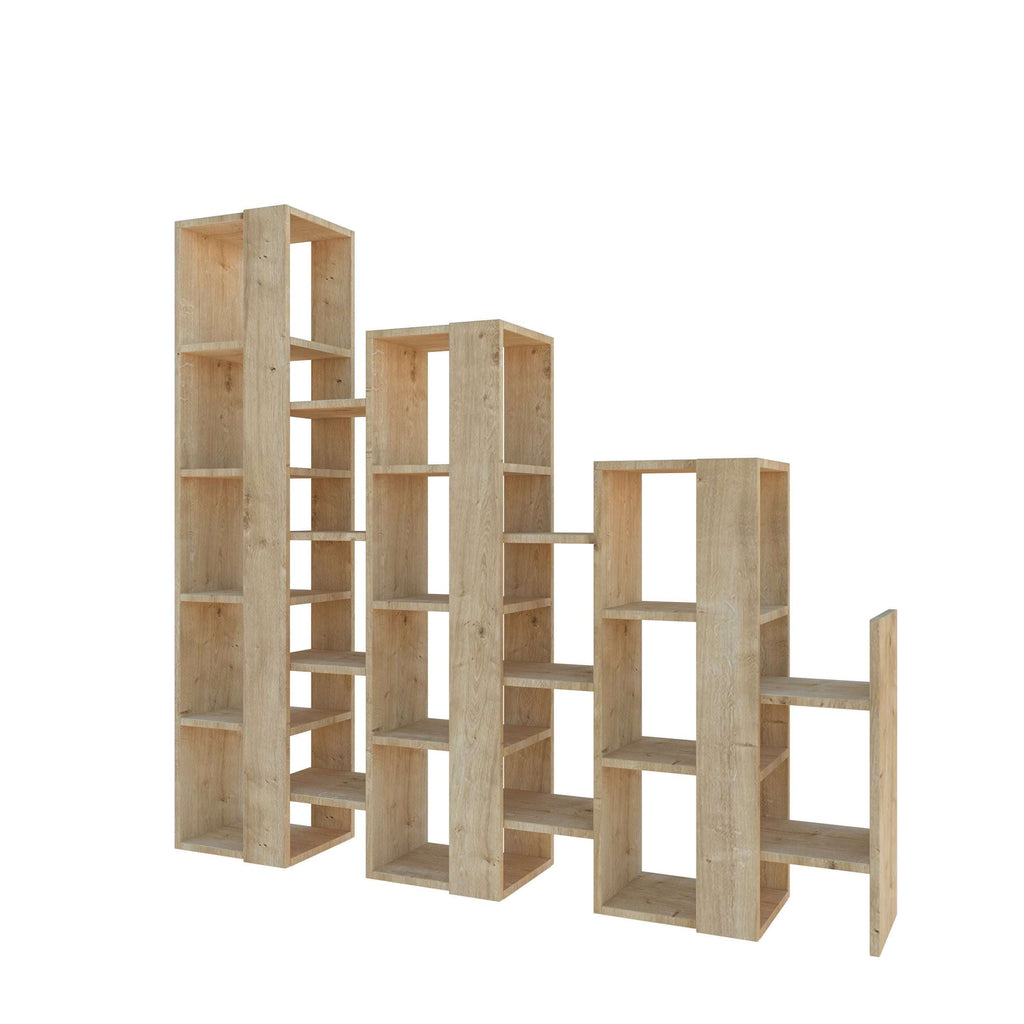 Light oak modular bookcase room divider with open cubby shelves and side panels