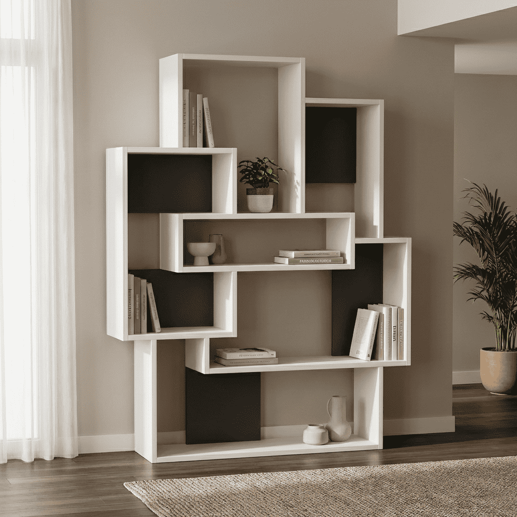 White bookcase display unit with open shelves and dark gray storage compartments