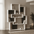 White bookcase display unit with open shelves and dark gray storage compartments