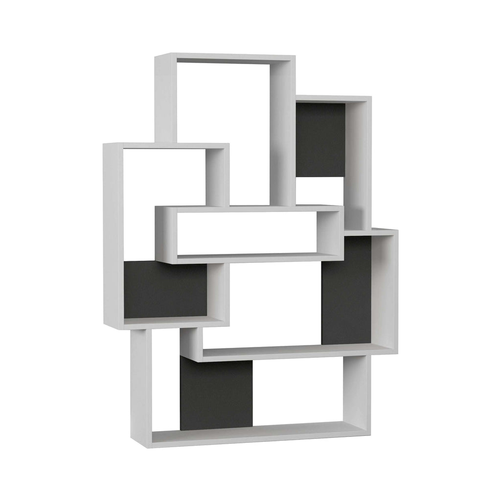 White bookcase display unit with open shelving and dark gray compartment panels