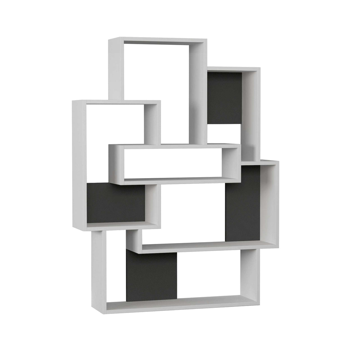 White bookcase display unit with open shelving and dark gray compartment panels