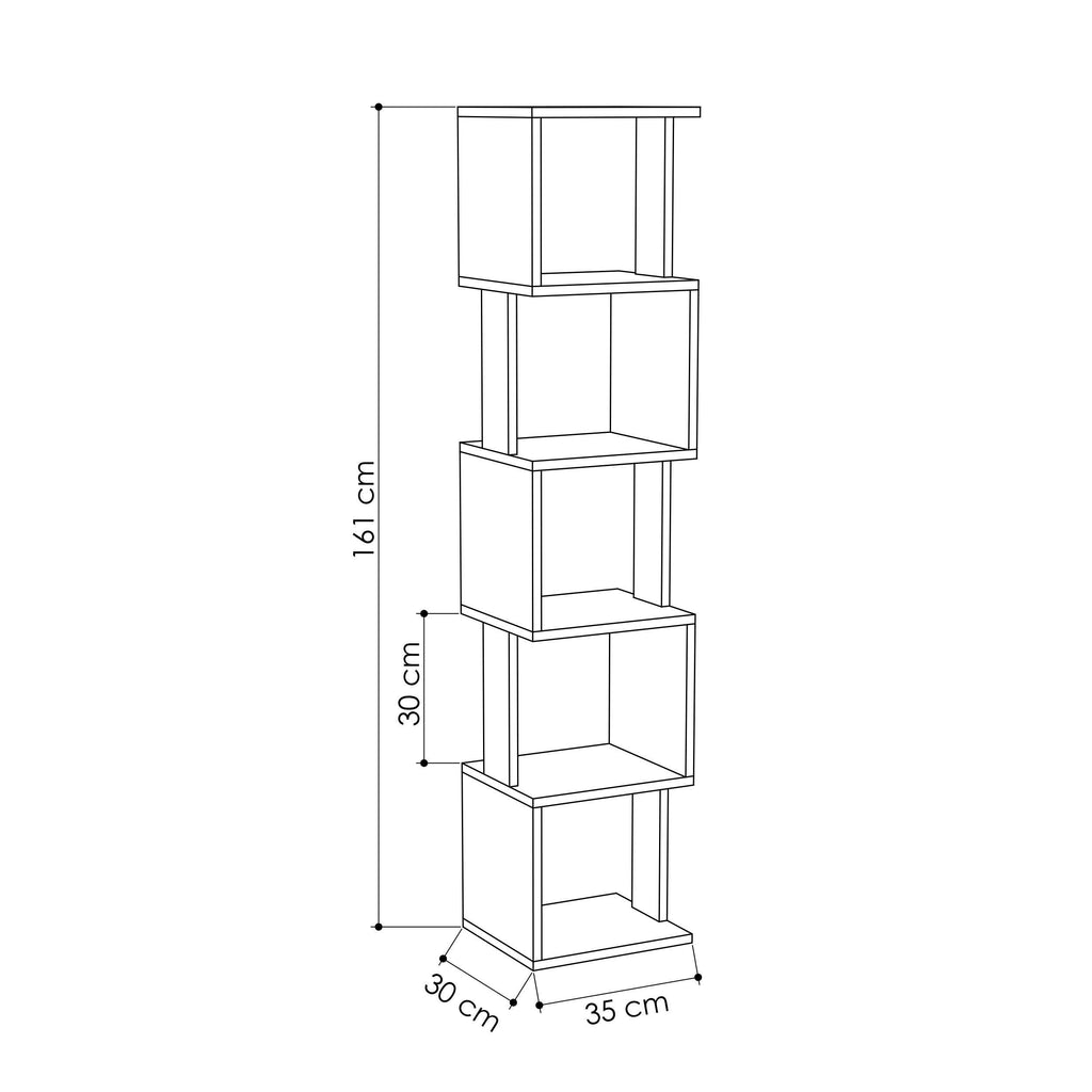 Tall bookcase dimensions diagram with open shelves and 161 cm height