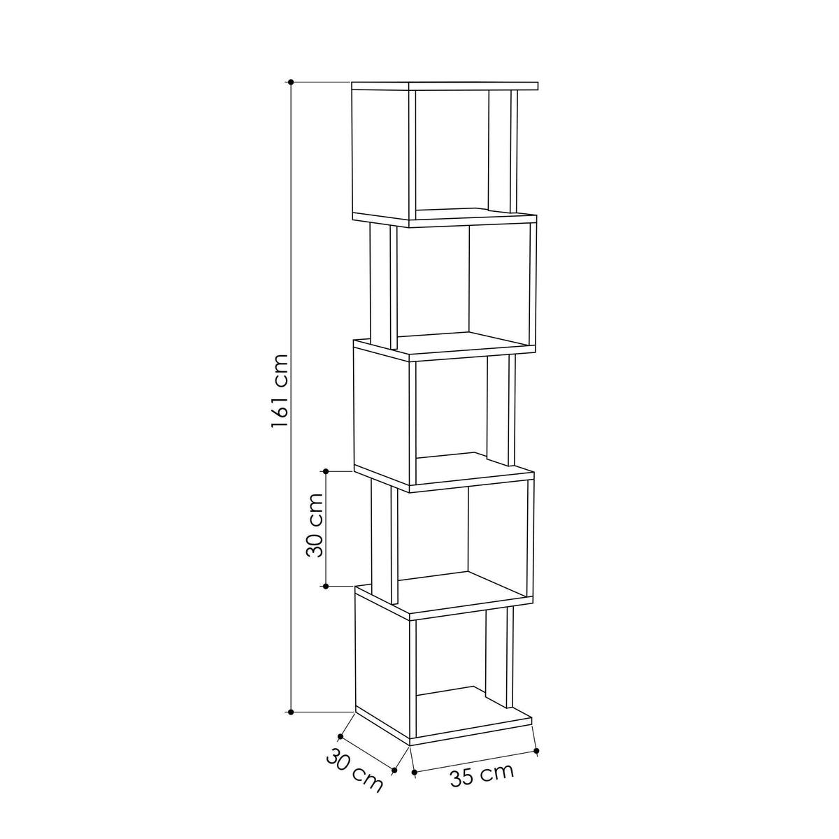 Tall bookcase dimensions diagram with open shelves and 161 cm height