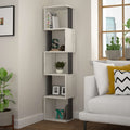 White tall bookcase display unit with multiple open shelves and open back cubbies