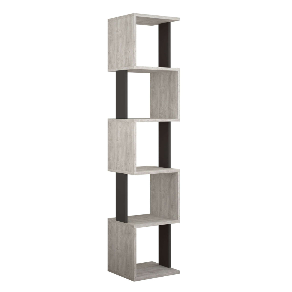 Tall display bookcase in concrete gray with dark side supports, four open shelves
