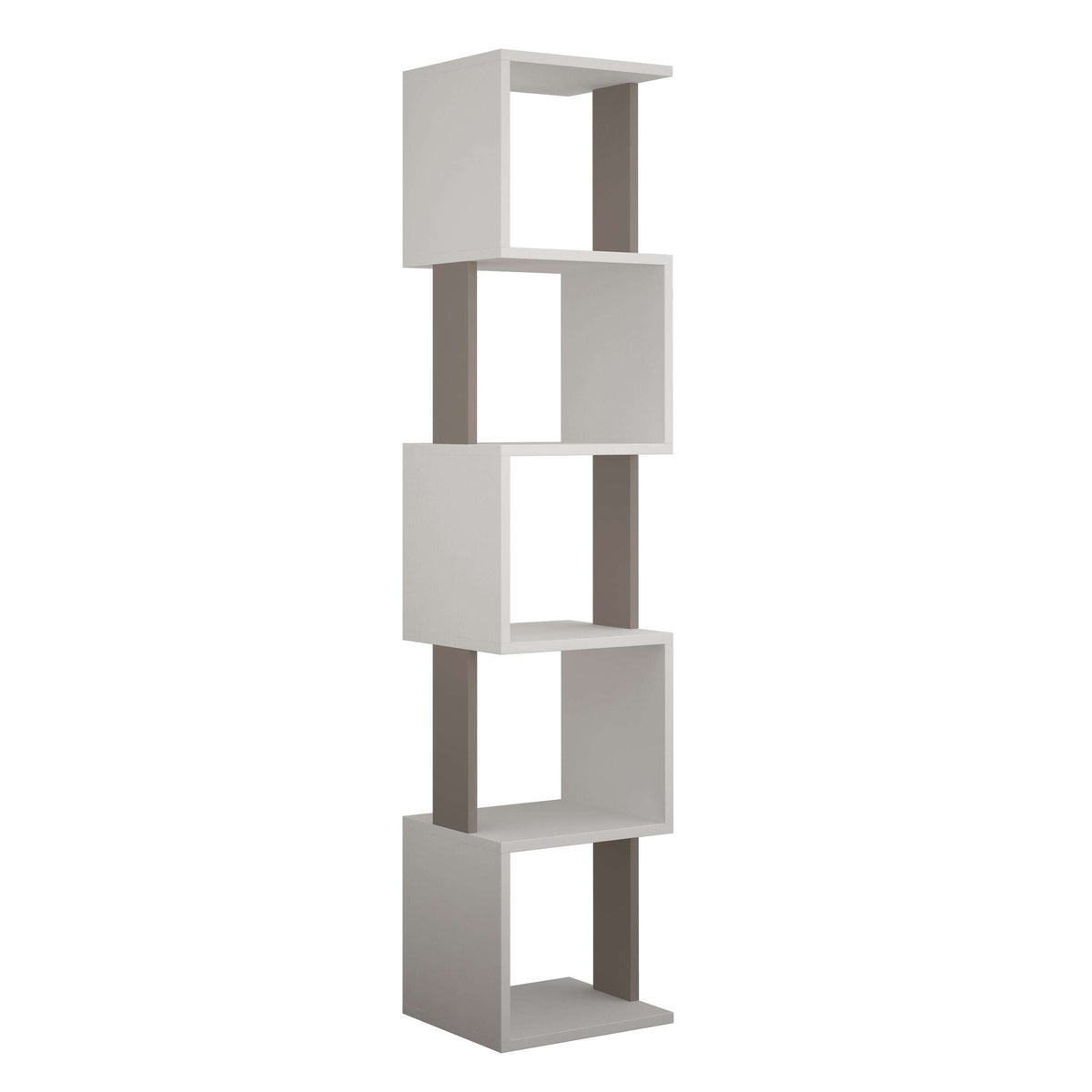 Tall display bookcase in white with gray side supports, four open shelves