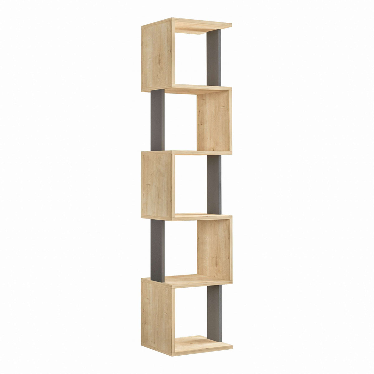 Tall oak wood display bookcase with gray side supports, four open shelves