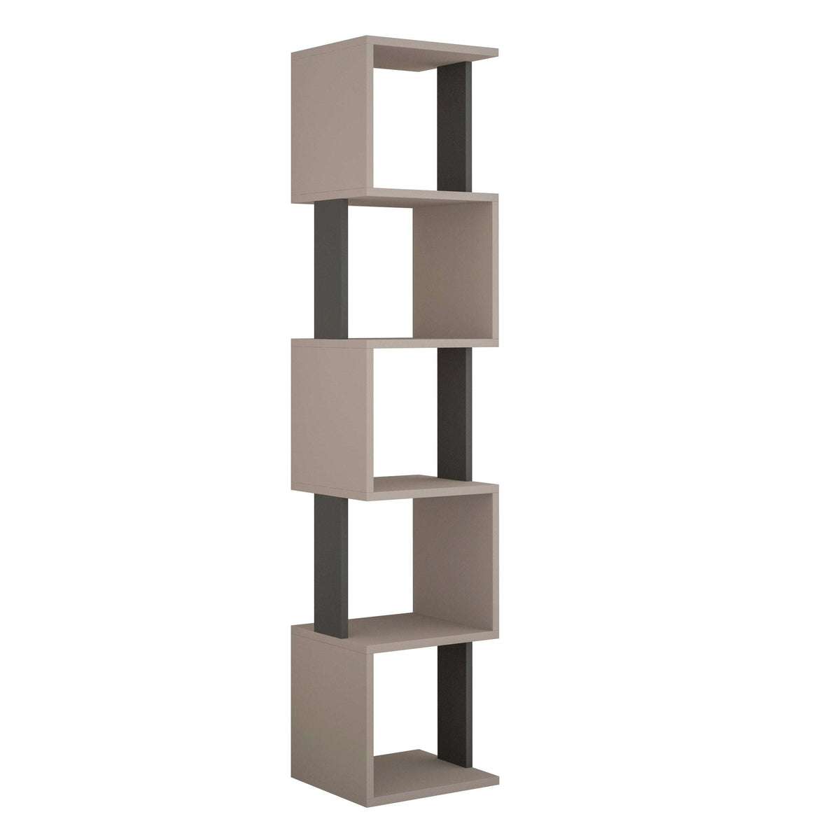 Tall sand-colored display bookcase with dark gray side supports, four open shelves