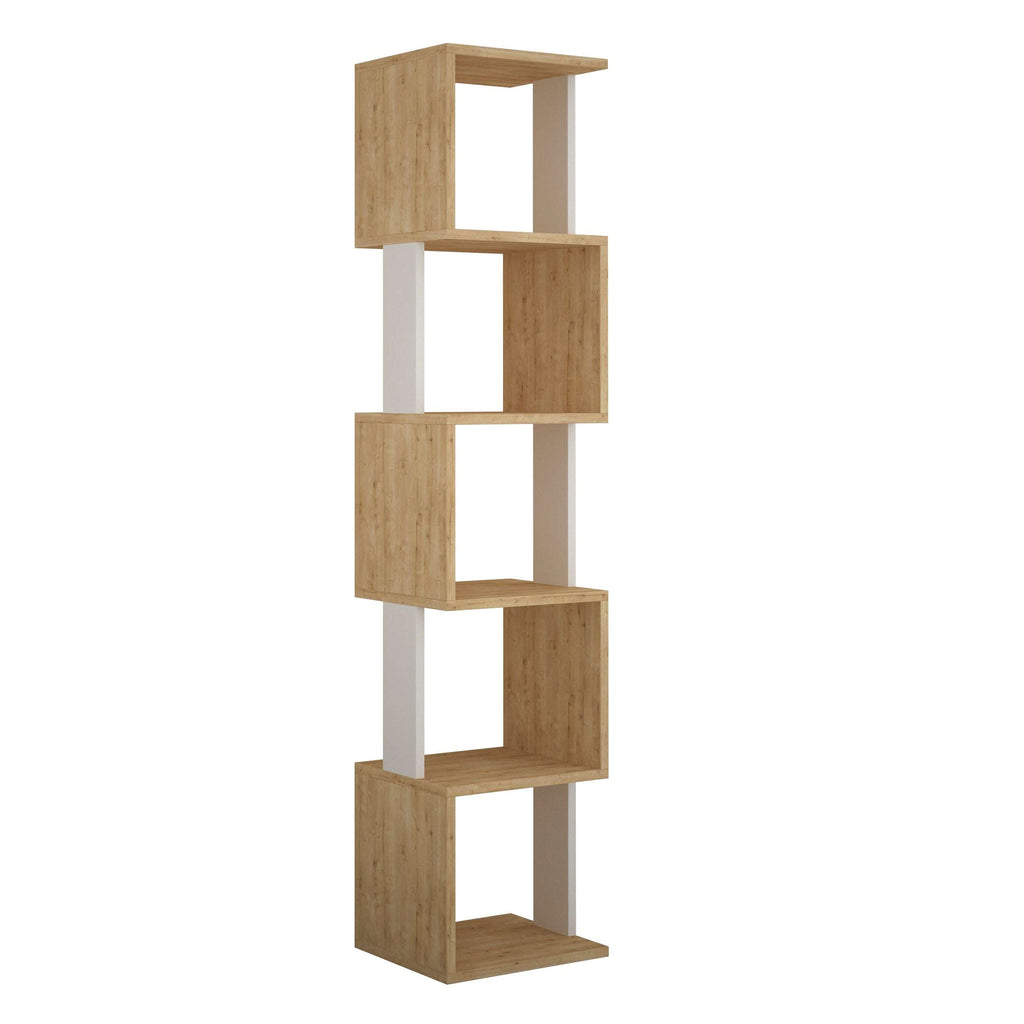 Tall modular bookcase display unit with open square shelves in light oak and white
