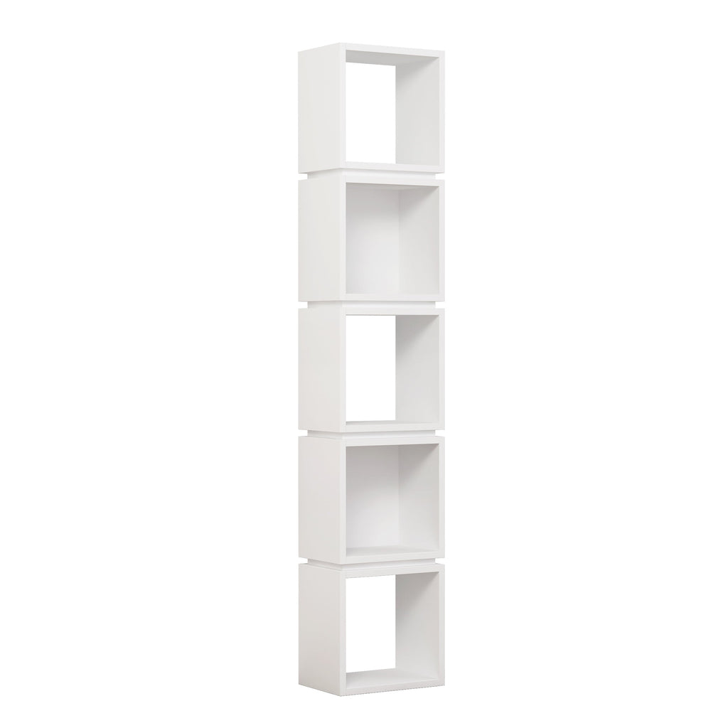 White tall bookcase display unit with five open square compartments