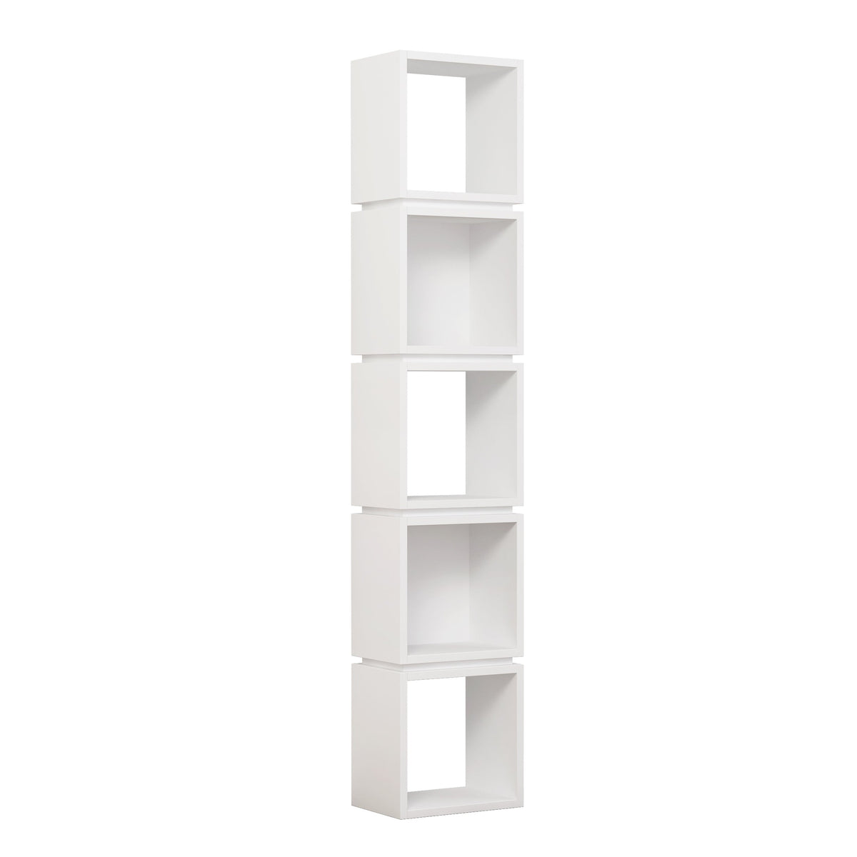 White tall bookcase display unit with five open square compartments