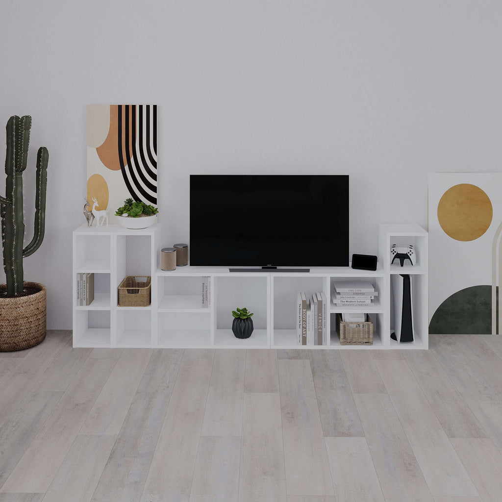 Small low modular bookcase set with open cubby shelves in white