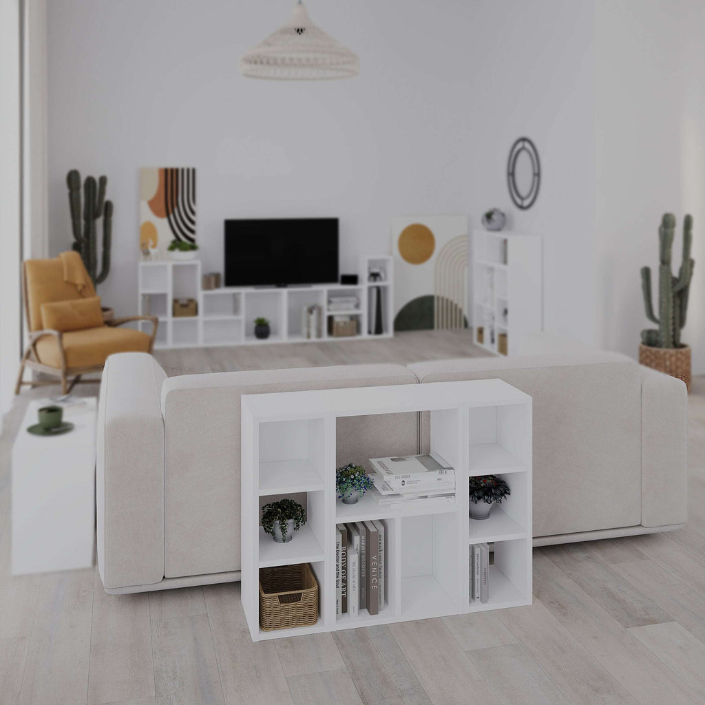 White modular cube storage unit with open shelves and cubby compartments for books